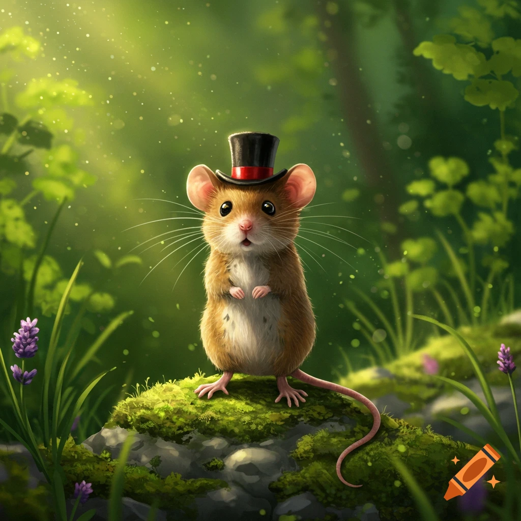 A cute, brown mouse wearing a black top hat with a red band stands on a mossy rock in a magical forest clearing with sparkling light.