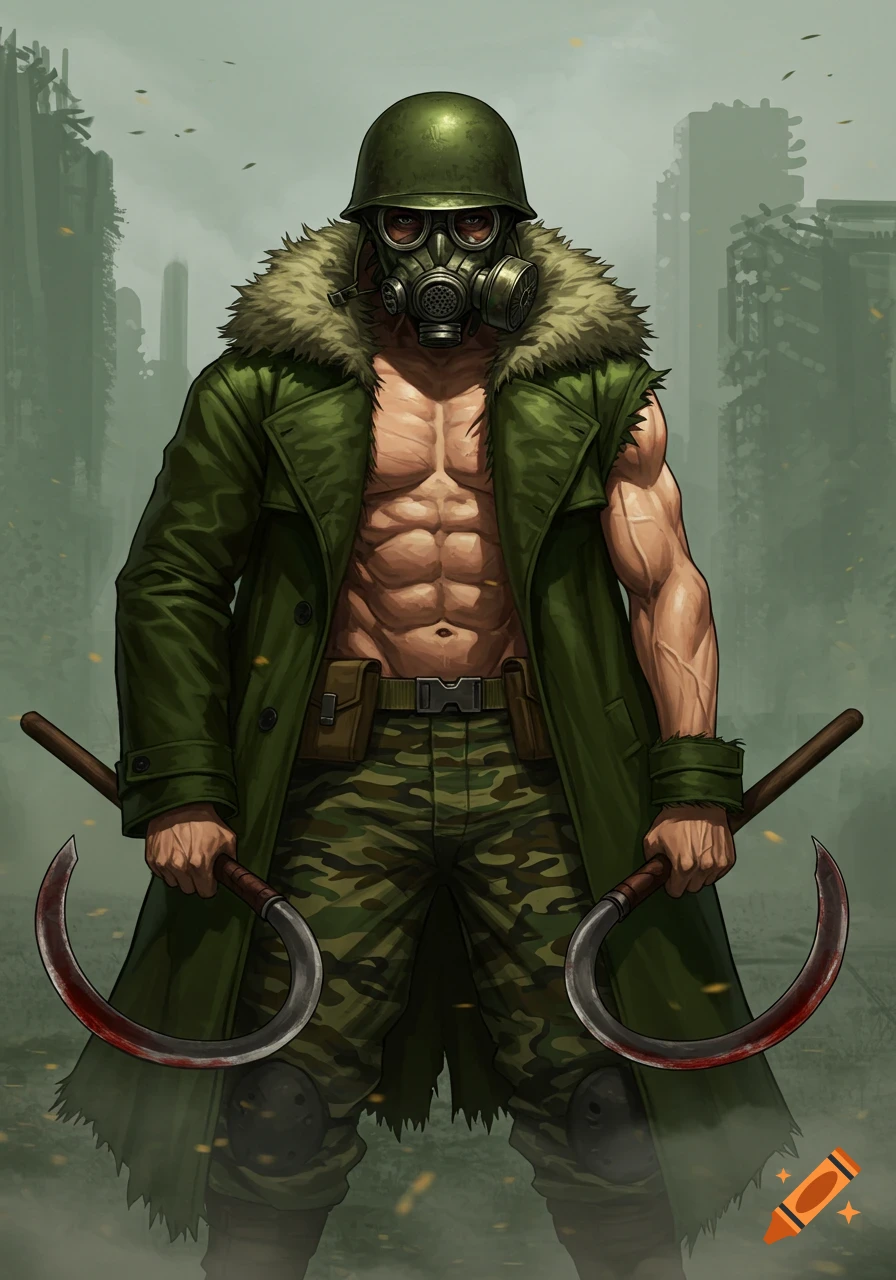 An anime man in a green helmet and gas mask, wearing a torn green coat and camo pants, holding two bloody sickles in a ruined city.