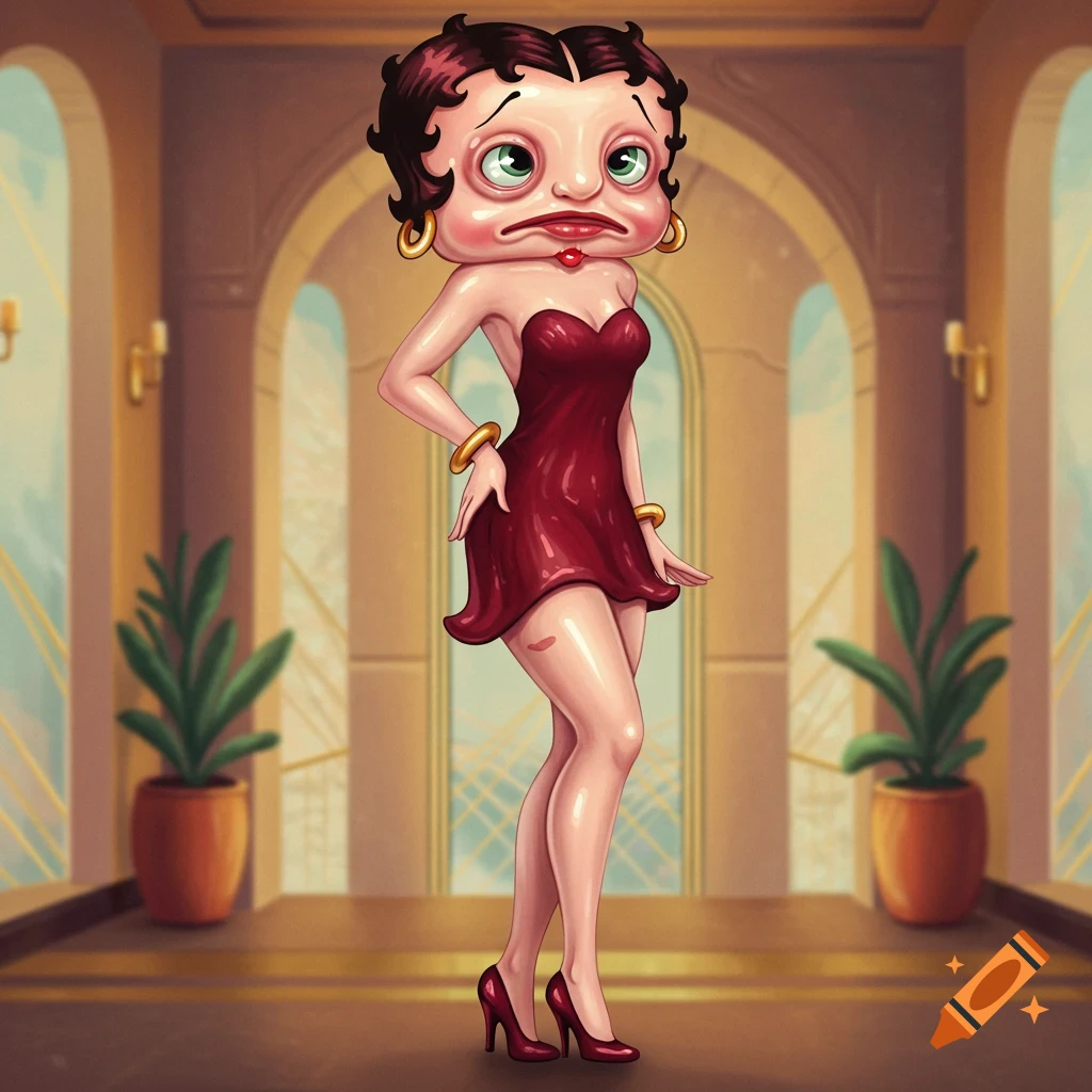 Cartoon Betty Boop with a blobfish face, wearing a red strapless dress and heels, stands in an ornate room.