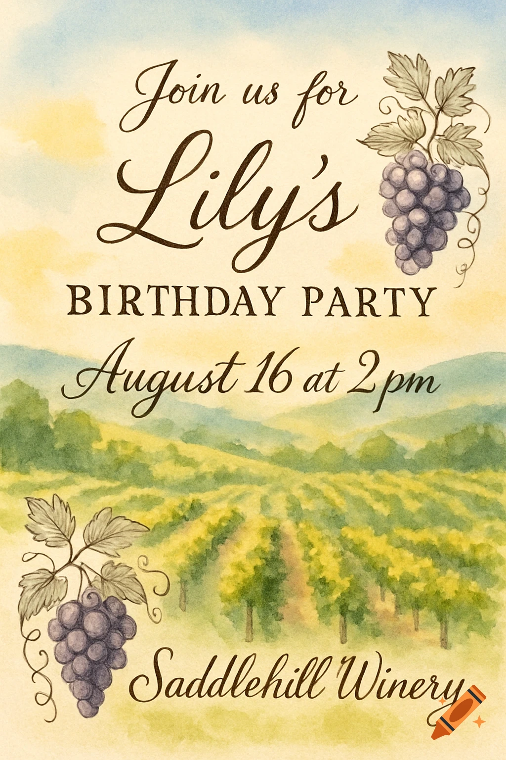 A watercolor birthday invitation for Lily's party at Saddlehill Winery, featuring a vineyard landscape and bunches of grapes.