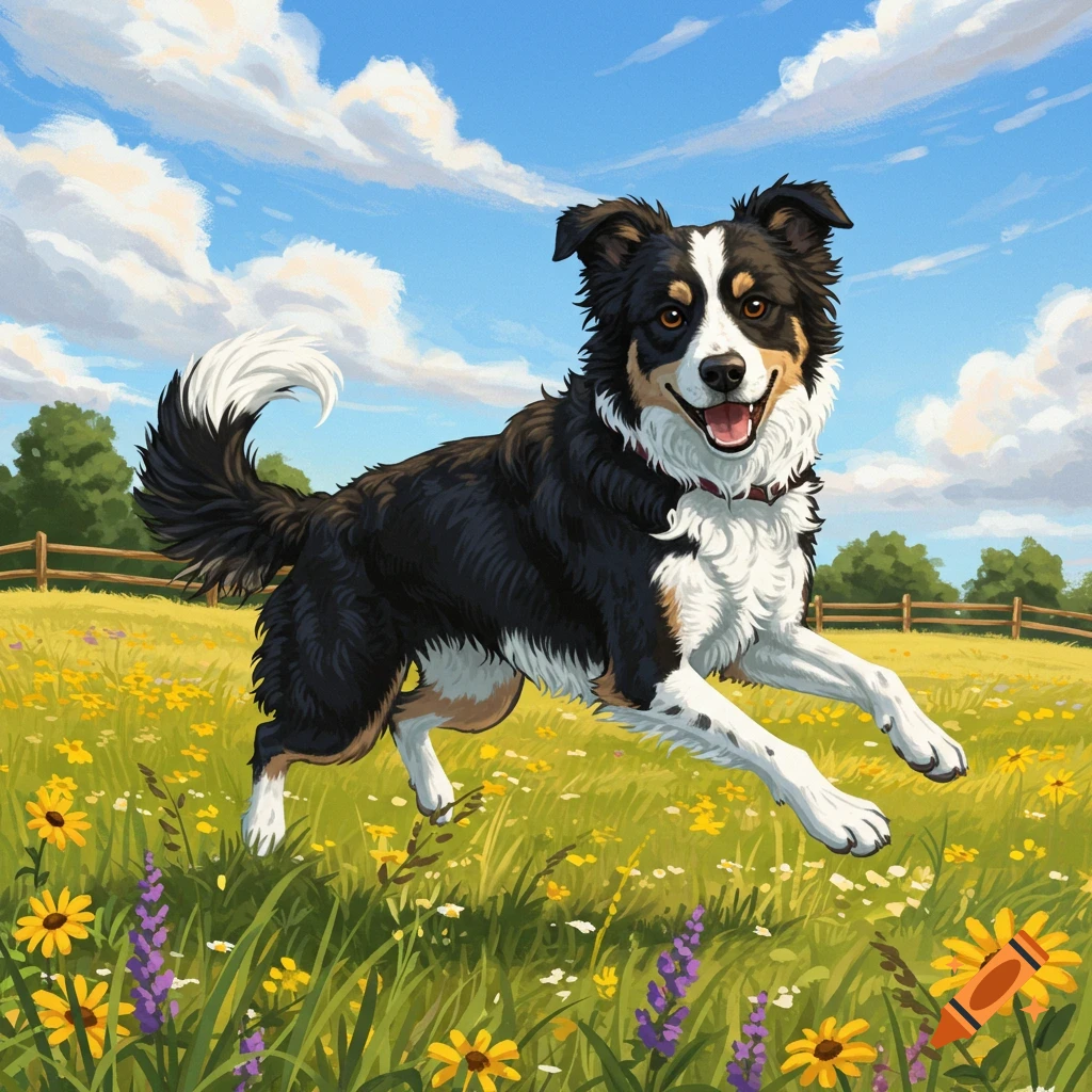 A happy Border Collie dog jumps through a field of yellow and purple wildflowers under a bright blue sky with clouds.