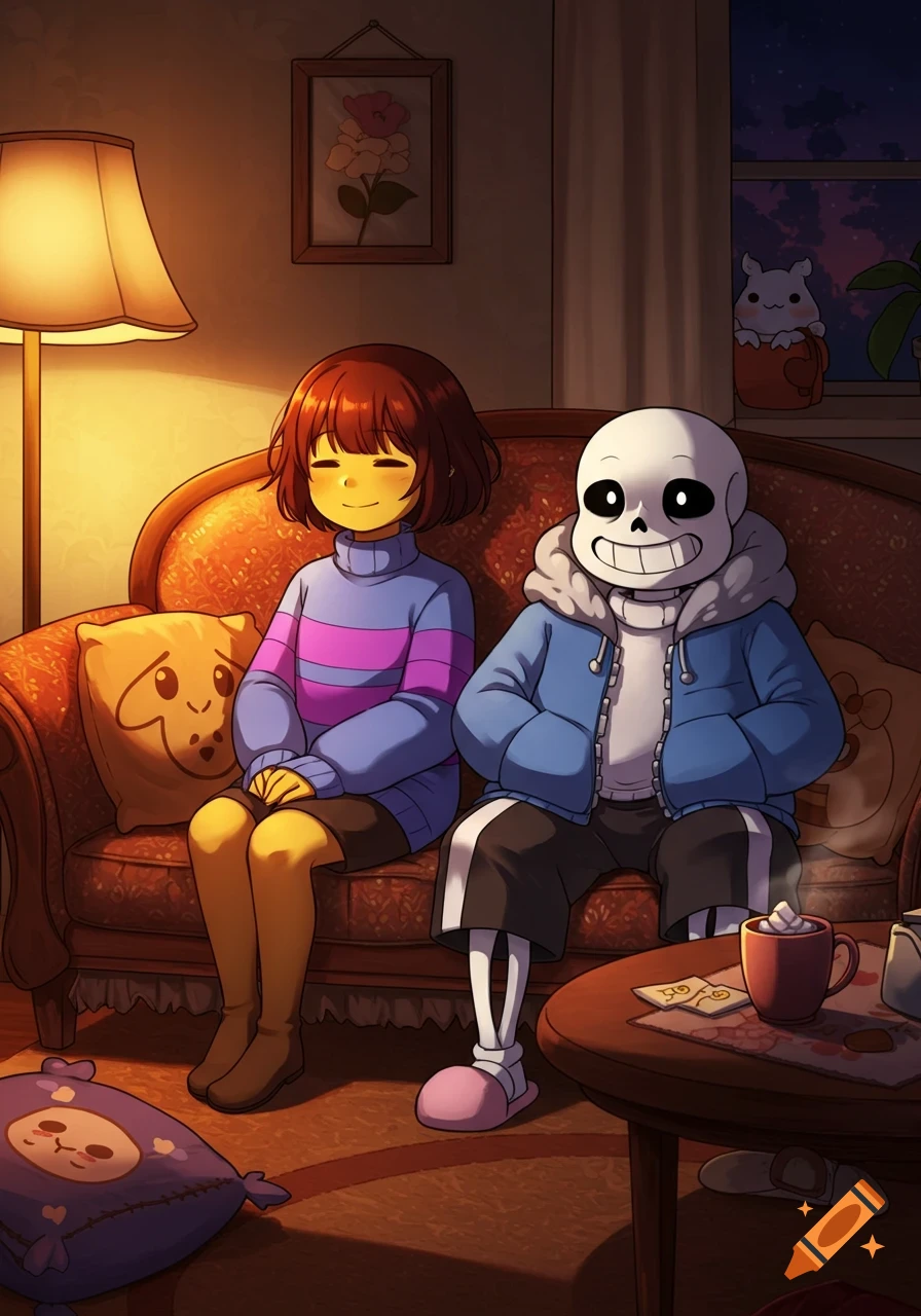 Frisk and Sans from Undertale sit on a couch in a cozy anime-style room, with a lamp and a mug on a table.
