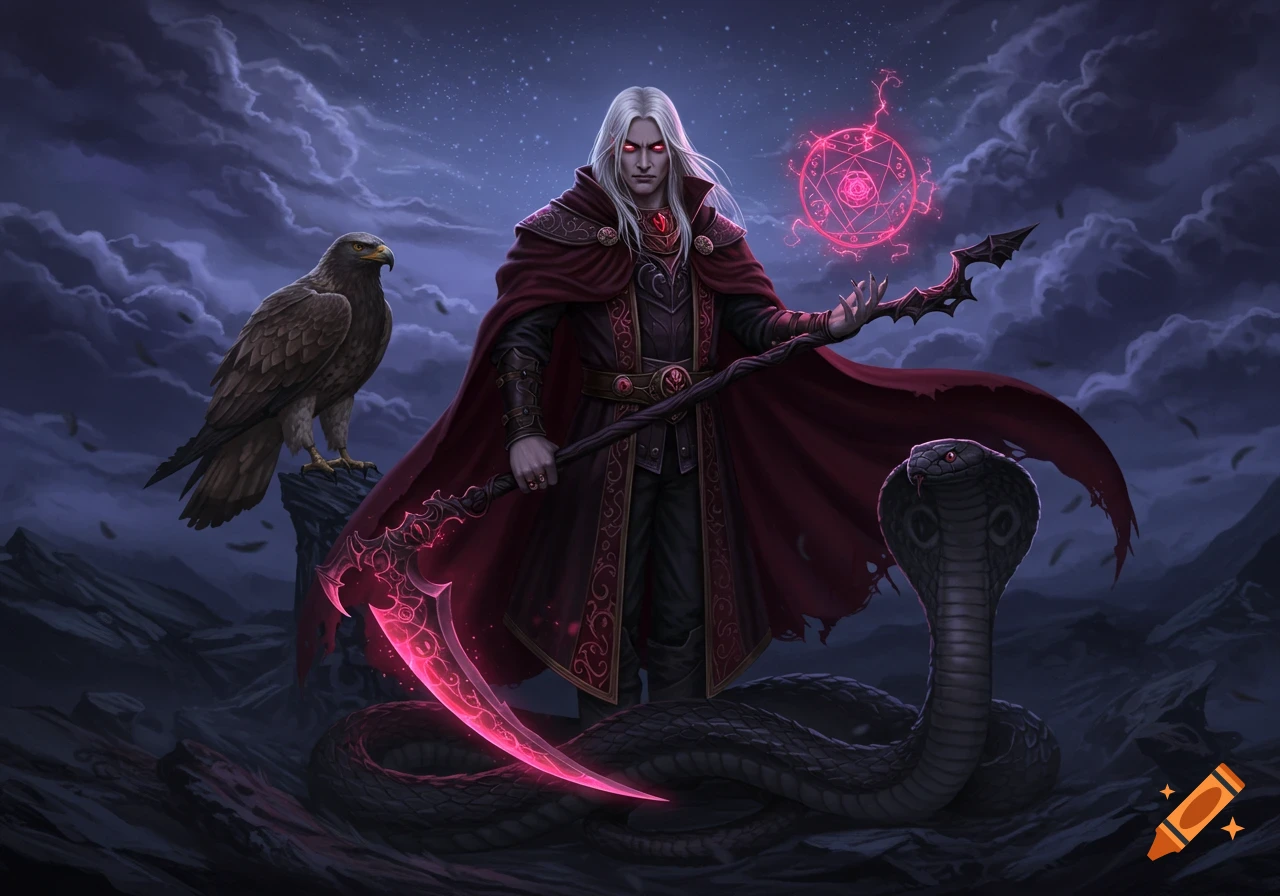 A powerful male evoker with long white hair and glowing red eyes, dressed in dark red robes, holds a glowing pink scythe. A majestic eagle perches behind him, and a black cobra rises in front, under a dark, starry sky.