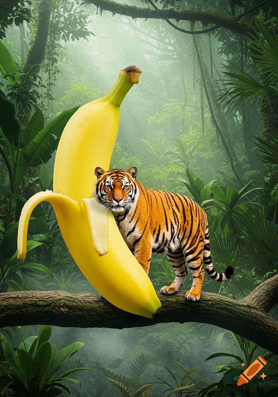 A photorealistic image of a tiger peering from inside a giant, partially peeled banana in a misty jungle.