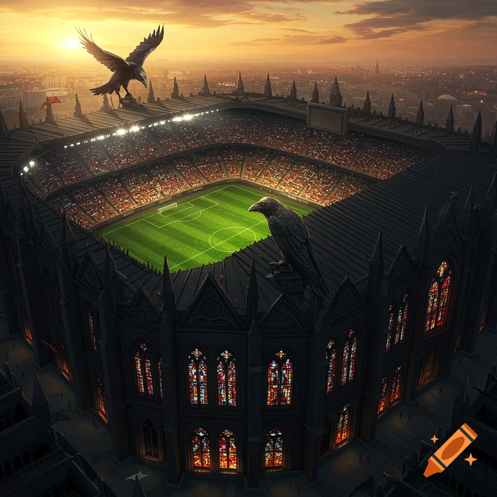 Bird's-eye view of a dark gothic cathedral-style soccer stadium with stained glass windows, featuring two giant ravens on the roof at sunset.