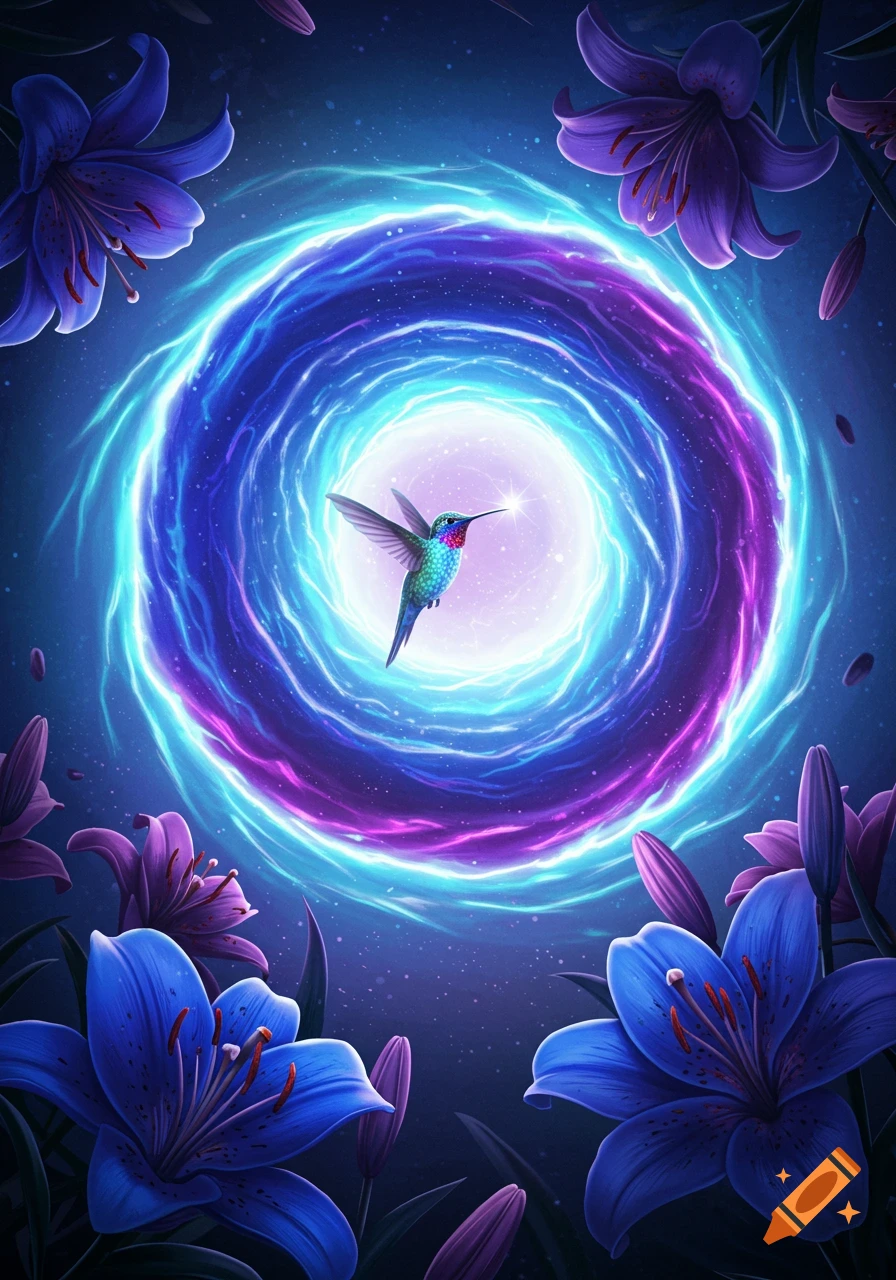 A vibrant hummingbird flies in front of a blue and purple swirling portal, surrounded by blue and purple lilies.