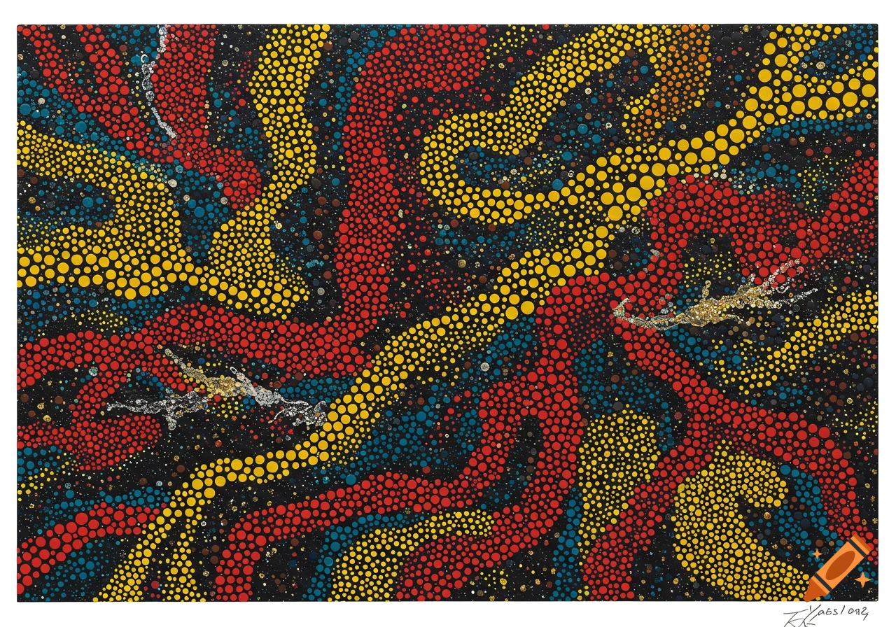 An abstract painting in Yayoi Kusama's style, featuring wavy patterns of red, yellow, and blue dots on a black background, with shimmering silver and gold accents.