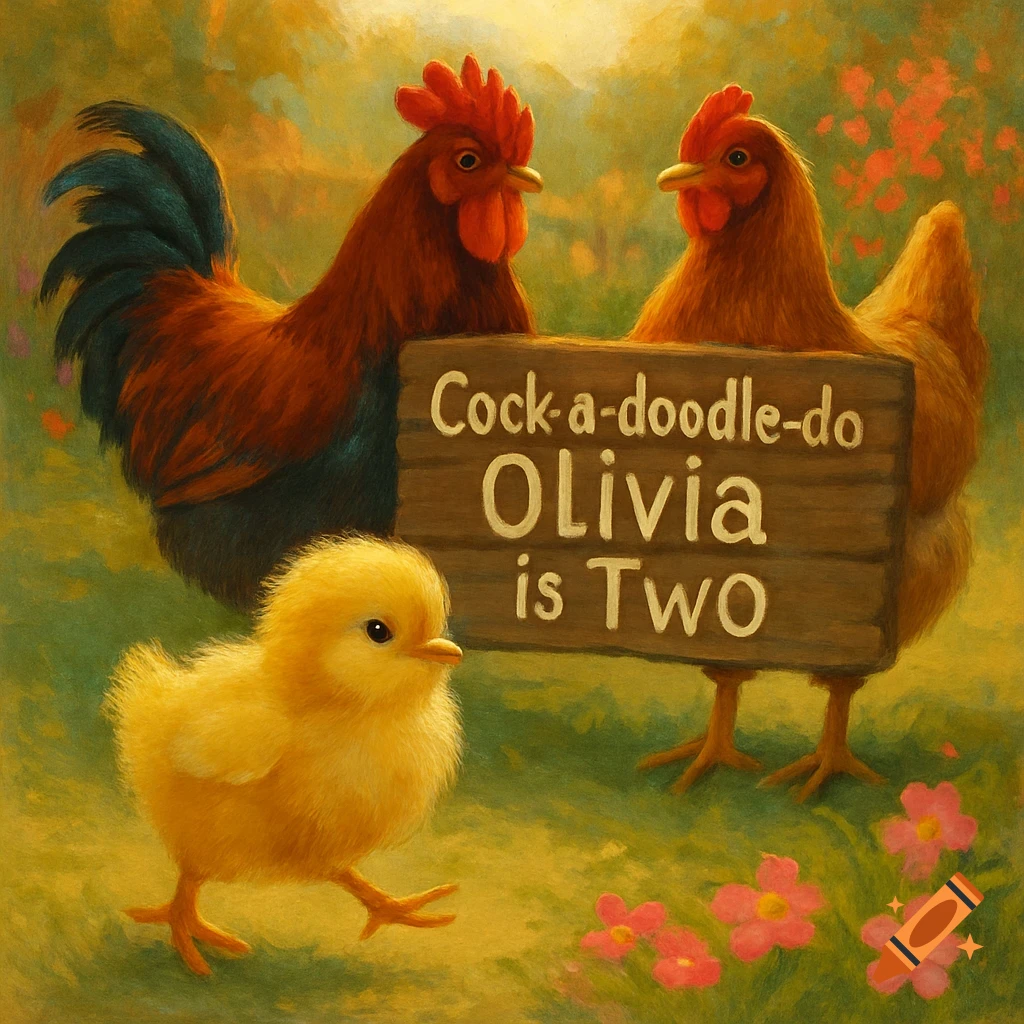 A rooster and hen hold a sign saying "Cock-a-doodle-do Olivia is TWO" next to a fluffy yellow chick in a green field with pink flowers, in a painterly style.