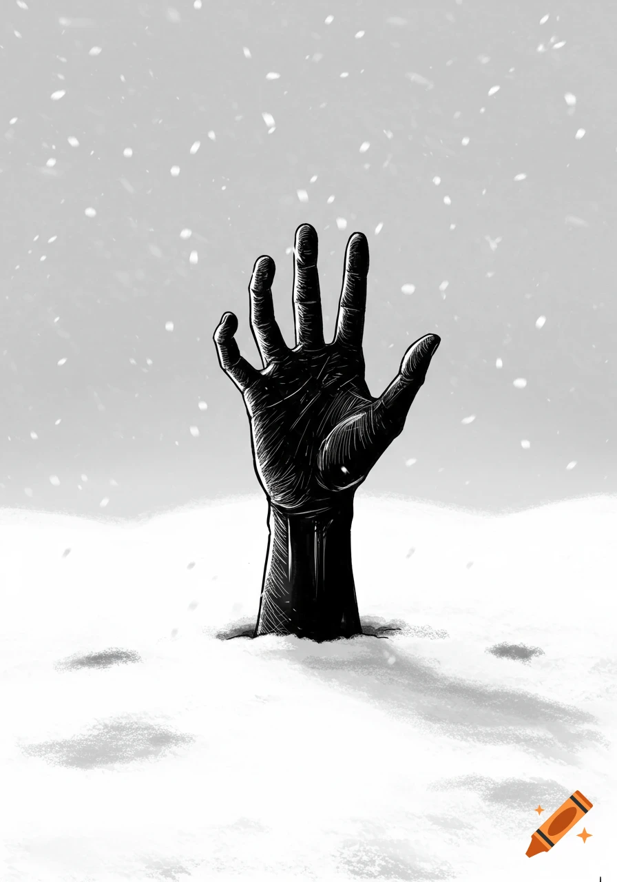 Black and white sketch of a dark hand reaching up from deep snow under falling snowflakes.