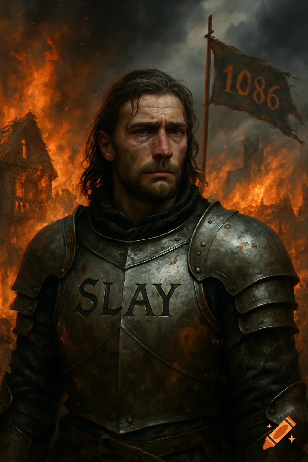 A photo-realistic warrior with 'SLAY' on his chestplate stands, crying before a burning town with a flag reading '1086'.