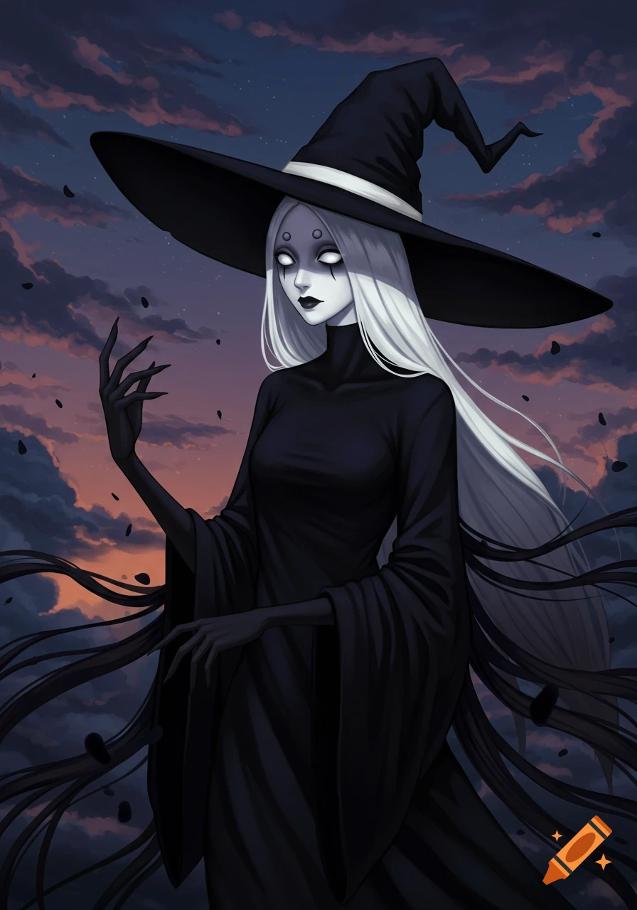 A stylized anime witch with white hair, milky eyes, and black fingers wears black robes and a wide-brimmed hat against a stormy sunset sky.