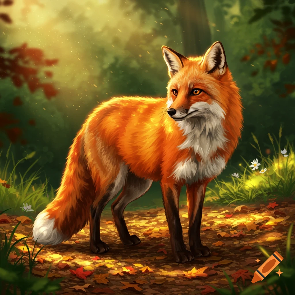 An illustrated red fox stands in a sun-dappled forest among autumn leaves.