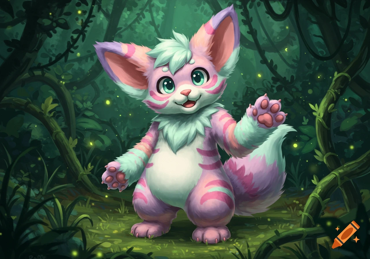 A cute, fluffy, pink and light blue kemono creature with big ears and green eyes, smiling and waving in a dark green jungle.