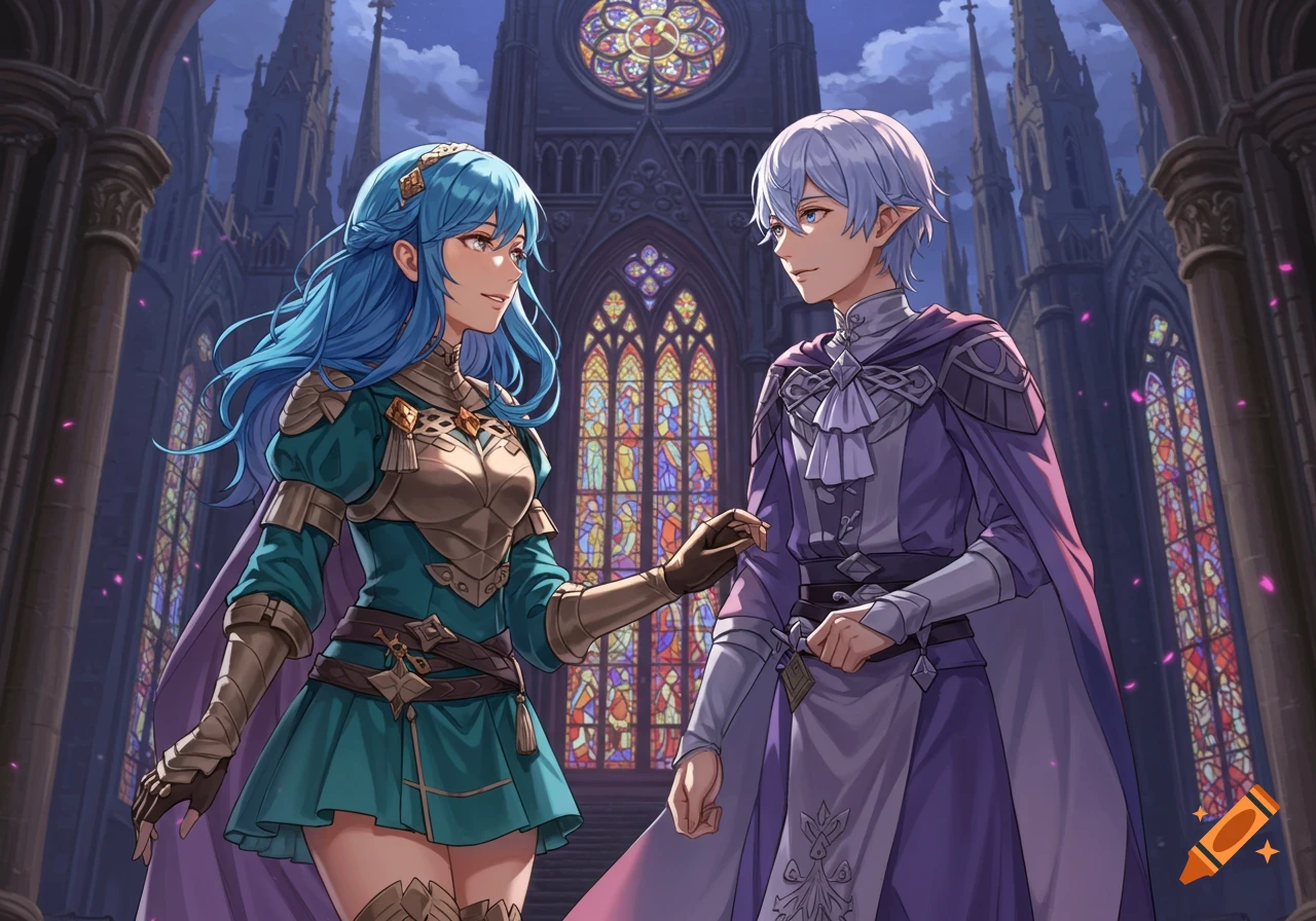Two anime-style characters in fantasy armor, a blue-haired woman and a light-haired man, stand in a gothic cathedral with stained glass windows.