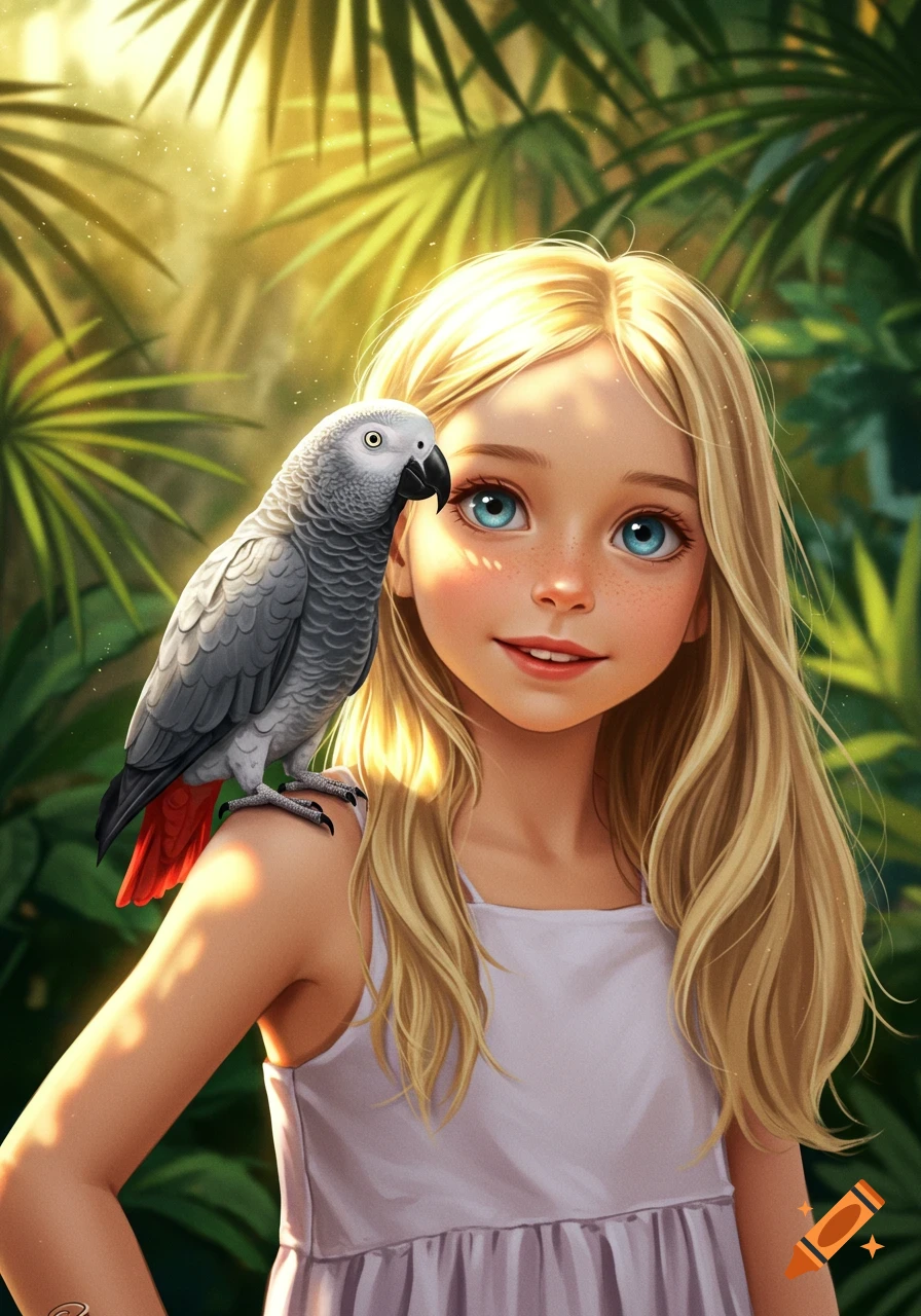 A digitally illustrated young blonde girl with an African Grey parrot on her shoulder in a sunny jungle.