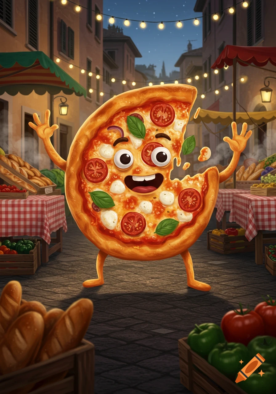 A joyful cartoon pizza character with a bite taken out of it stands in a bustling Italian market at night, under strings of glowing lights.