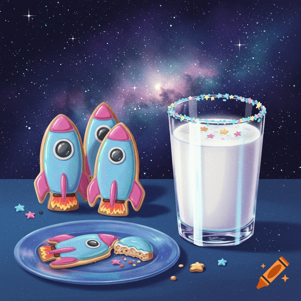 Rocket-shaped cookies and a glass of milk with star sprinkles on a blue table under a starry night sky.