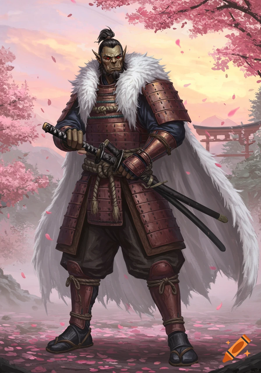 A half-orc samurai in ornate armor and a white fur cape stands with a katana amidst falling cherry blossoms and a Japanese torii gate.