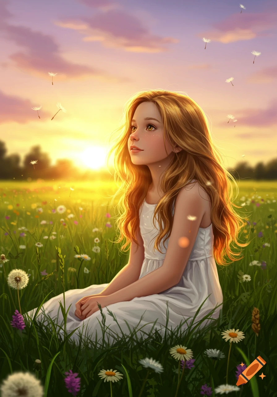 A young girl with long, wavy golden hair sits in a vibrant green meadow filled with wildflowers at sunset, looking up as dandelion seeds float around her. Digital art.