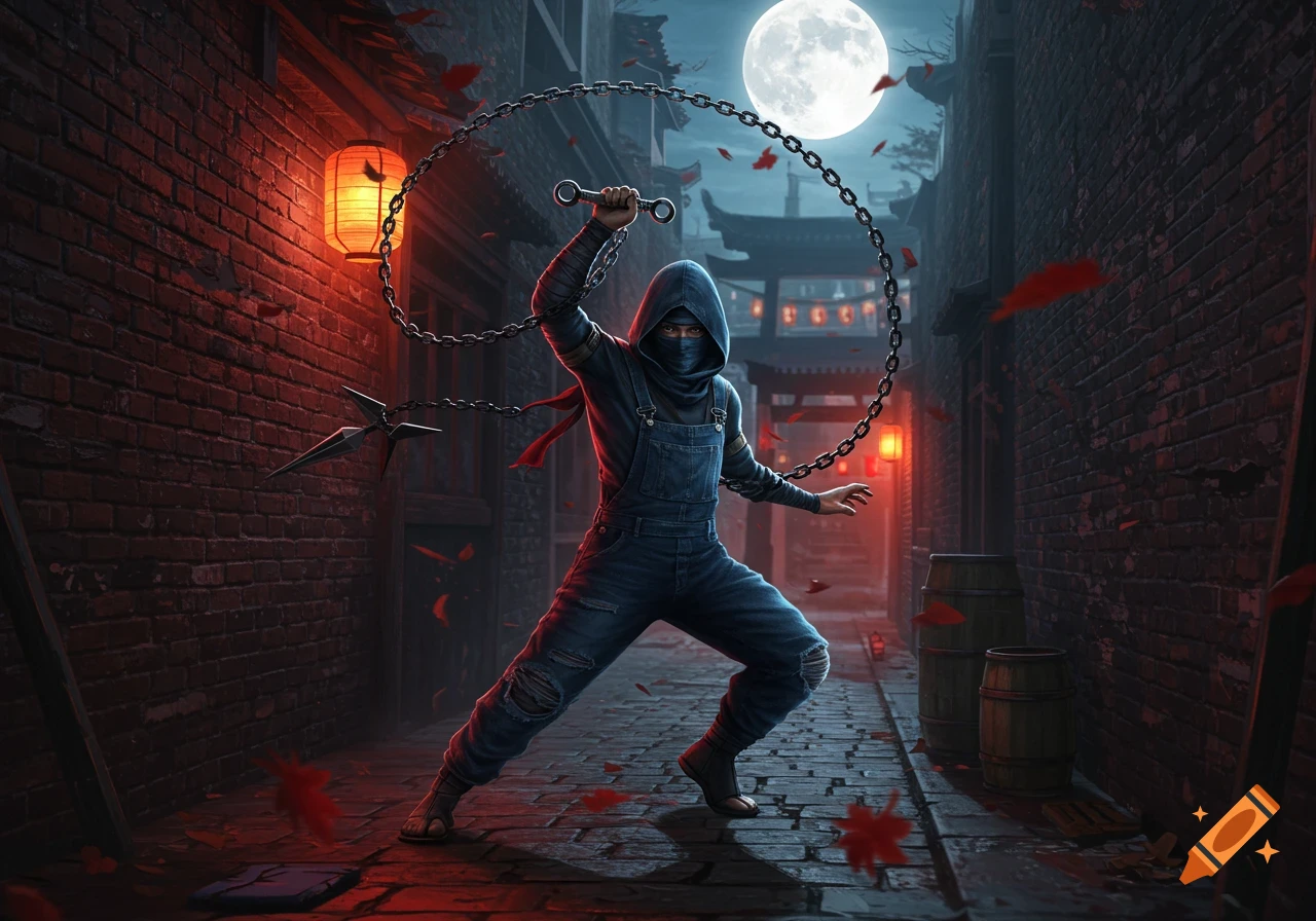 A ninja in denim overalls holds a chain weapon in a dark alley with red lanterns and a full moon.