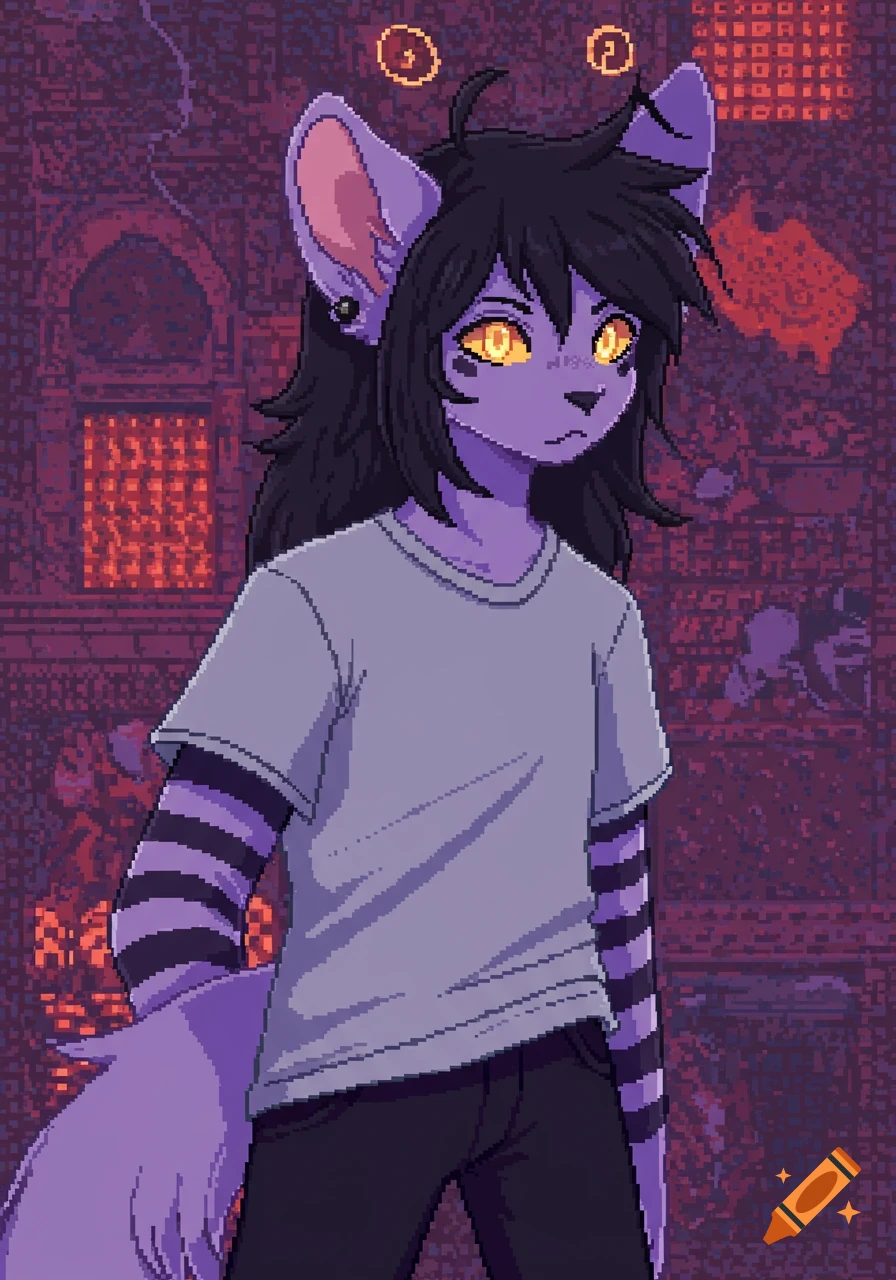 A pixel art portrait of a purple-furred anthropomorphic character with black hair and glowing yellow eyes, wearing a gray t-shirt and striped sleeves, standing against a dark, pixelated background.