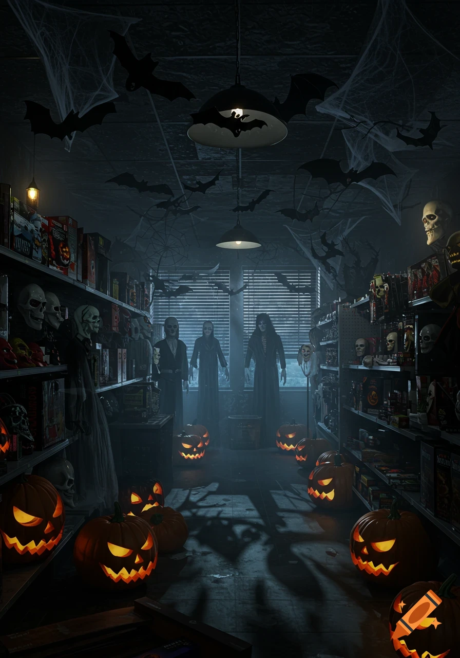 Dark interior of a Halloween store with glowing jack-o'-lanterns, spooky mannequins, bat decorations, and cobwebs.