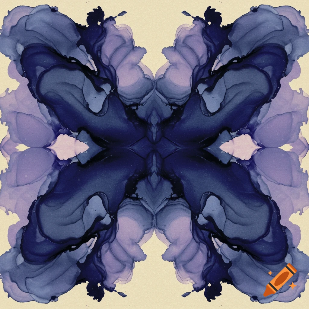 A symmetrical abstract inkblot design with flowing blue, purple, and black colors on a light background.