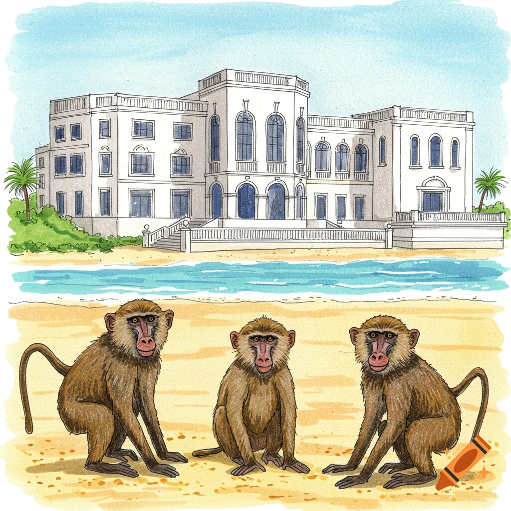 Three brown baboons sit on a sandy beach with a blue ocean and a large white mansion in the background, in an illustrated style.