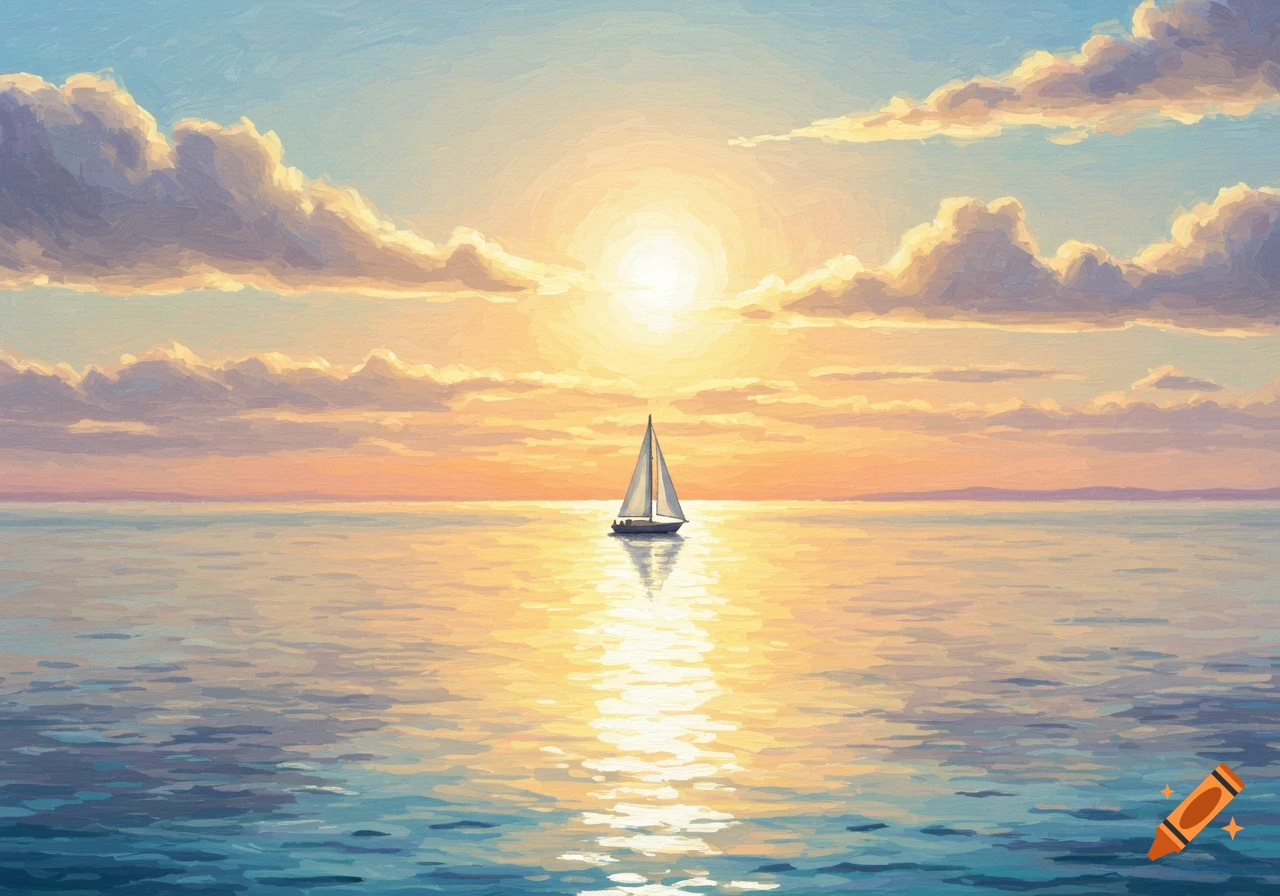 A painterly image of a sailboat on calm water with a vibrant sunset and clouds reflecting on the surface.