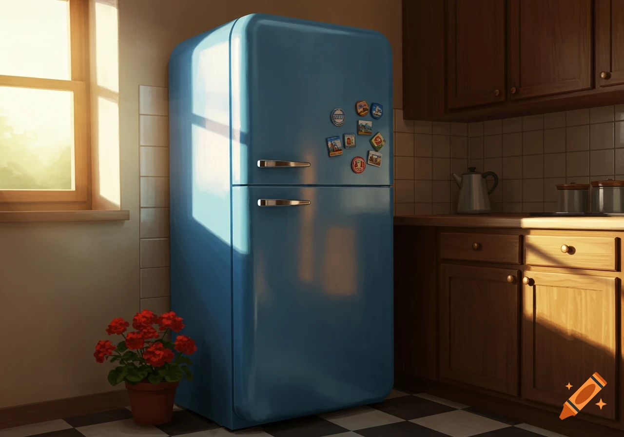 A retro blue refrigerator stands in a sunlit kitchen with wood cabinets and a checkered floor, beside a potted red plant.