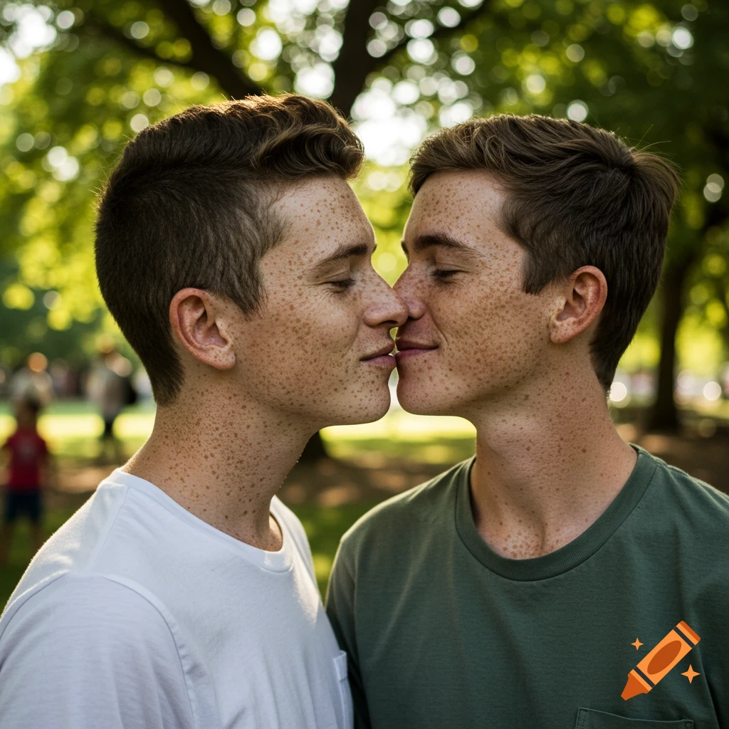 Two young men with freckles kiss in a sunlit park, close-up shot.