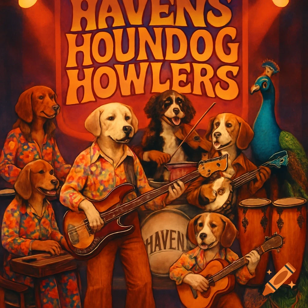 A band of dogs and a peacock perform on stage in a 1970s style. The banner reads 'HAVENS HOUNDDOG HOWLERS'.