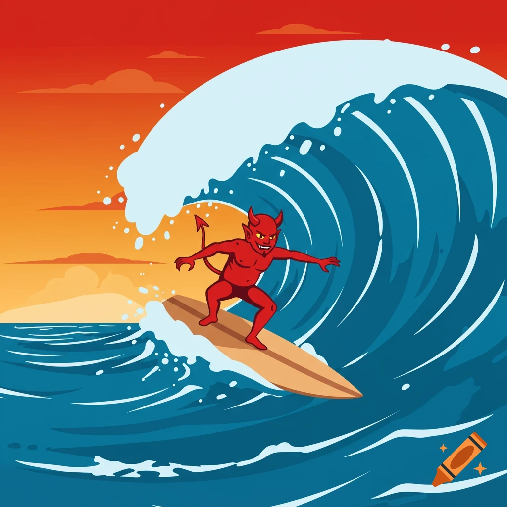 A red cartoon devil surfs a large blue ocean wave under an orange and red sunset sky.
