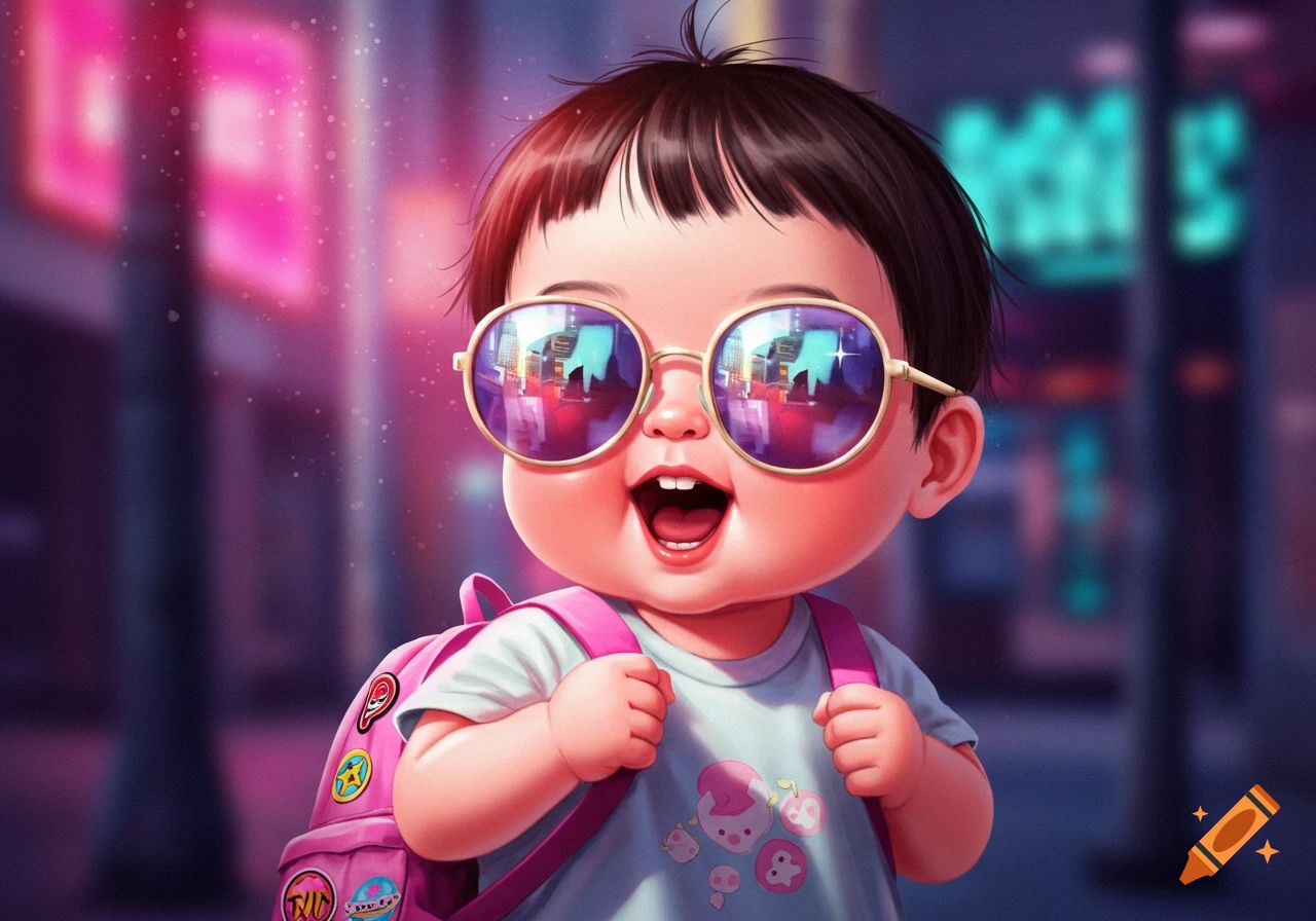 A cute, happy cartoon baby with dark hair, wearing oversized round sunglasses and a pink backpack, smiling brightly with blurred colorful city lights in the background.