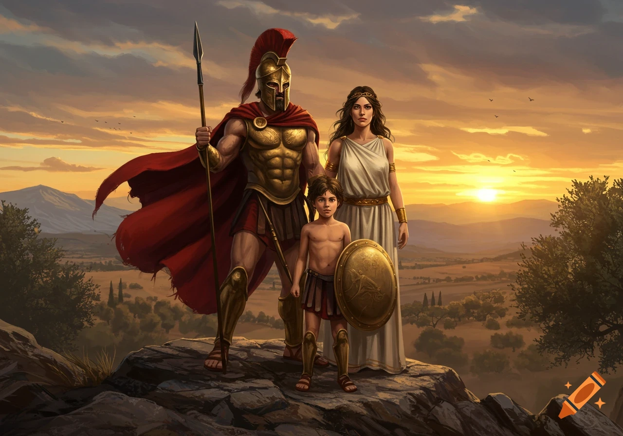A Spartan warrior, woman, and child stand on a rocky outcrop at sunset.