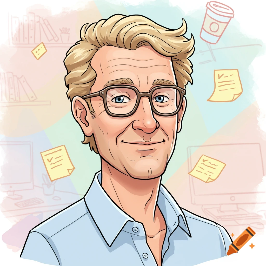 A cartoon portrait of a middle-aged man with blonde hair and glasses wearing a light blue collared shirt, smiling in an office setting with floating sticky notes and a coffee cup.