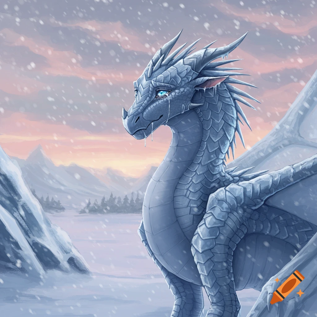 A sad, white-scaled ice dragon with blue eyes and icicles on its face sheds tears in a snowy mountain landscape at sunset.