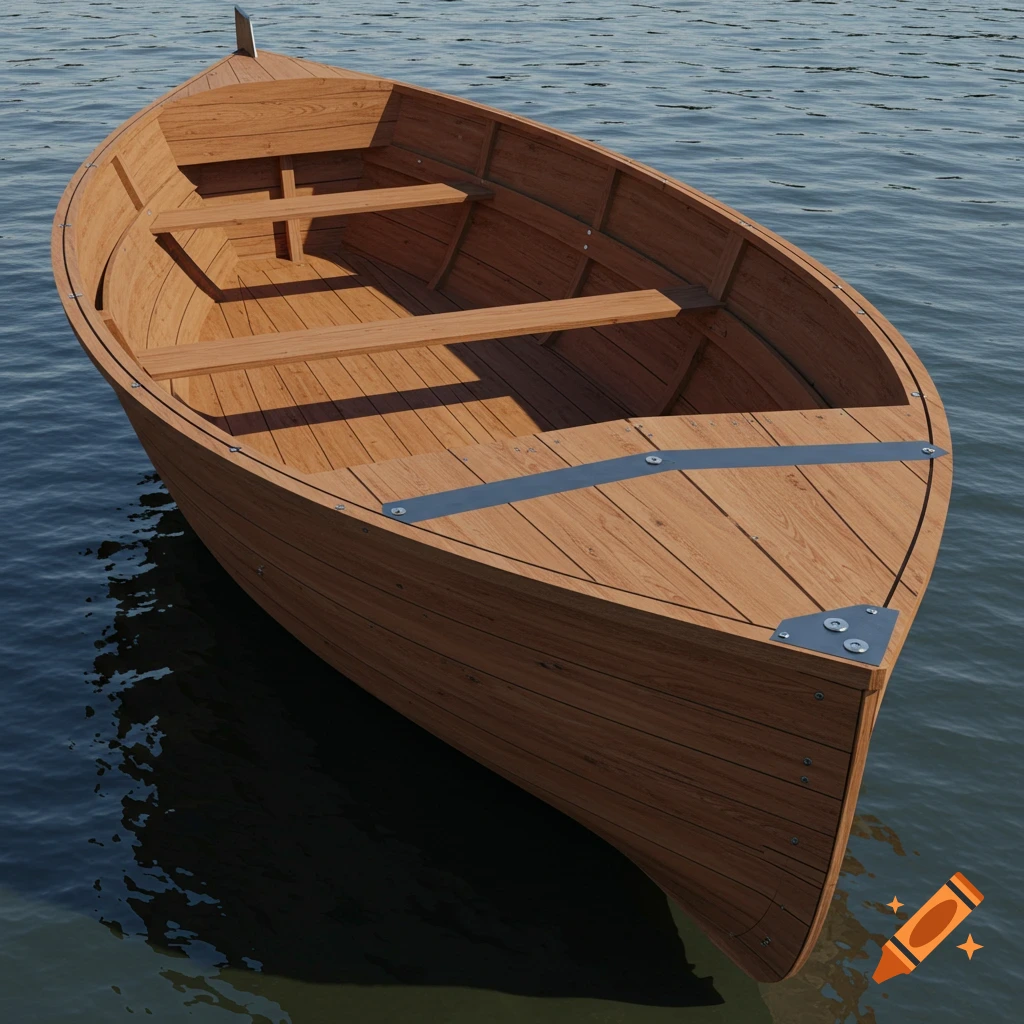 A wooden boat floats on calm water, seen from an elevated perspective, showcasing its planks and metal details.