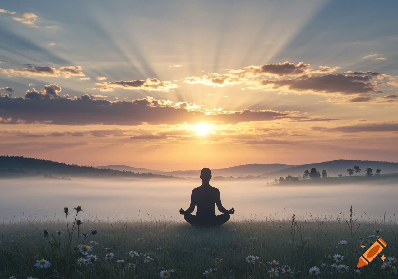 Silhouette of a person meditating in a field of wildflowers during a misty sunrise over mountains.