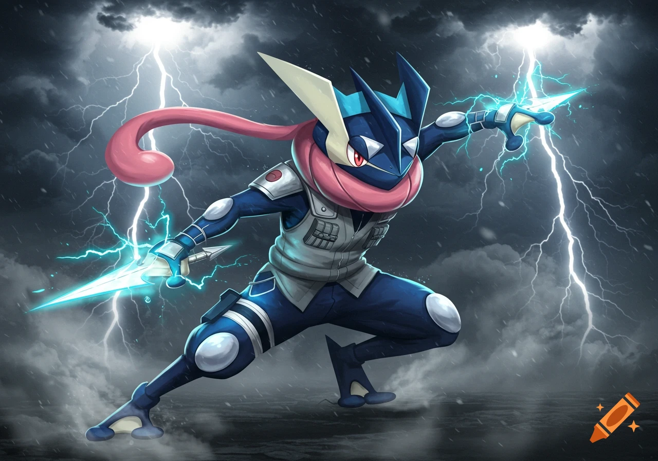 Greninja in a ninja outfit wielding glowing lightning blades amidst a stormy, lightning-filled sky.