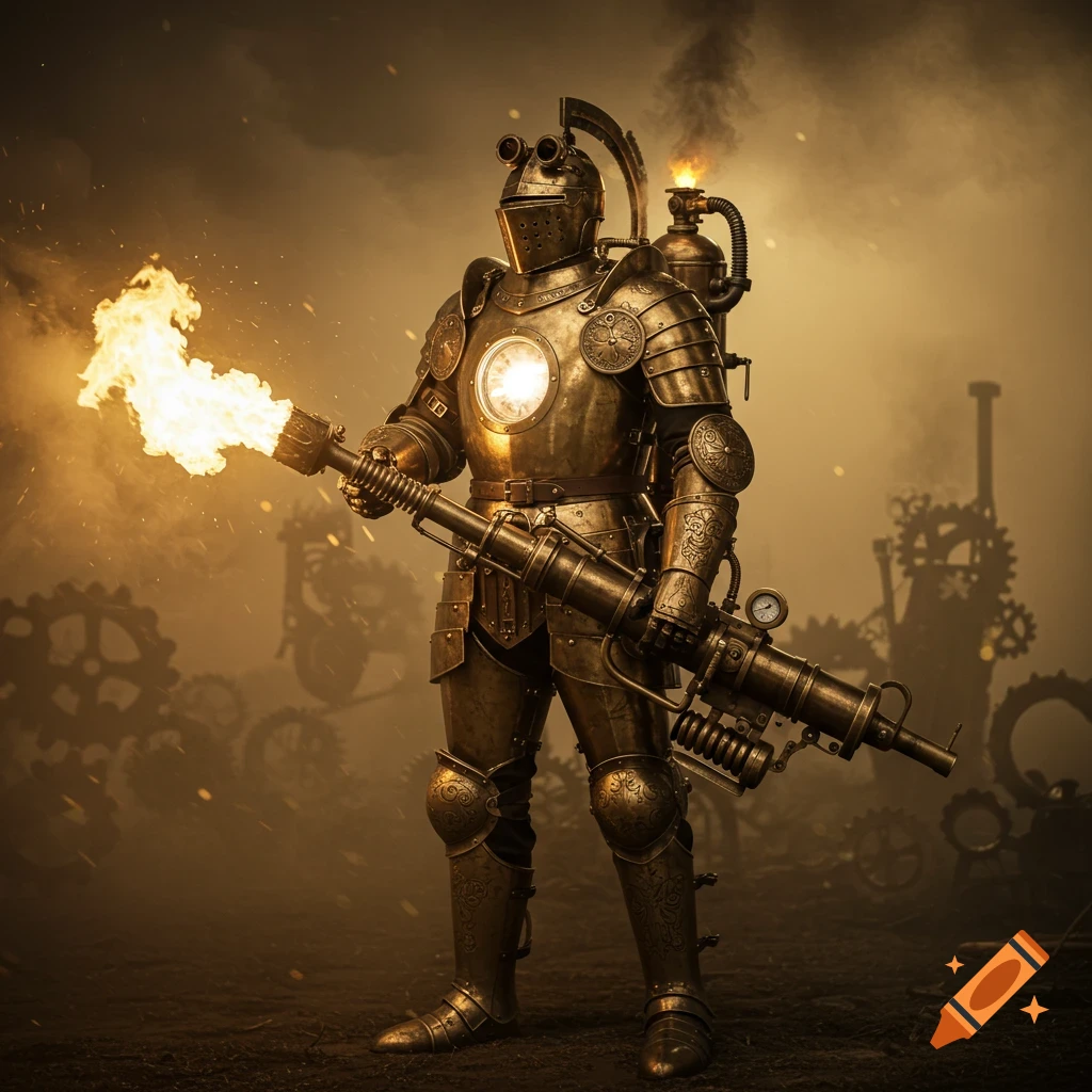 A steampunk knight in ornate brass armor with a glowing chest orb, holding a flamethrower cannon amidst gears and smoke.