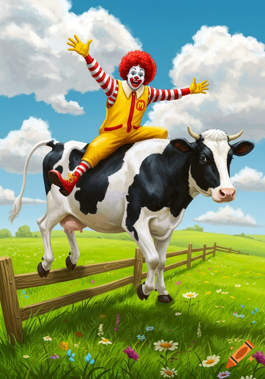 Ronald McDonald joyfully rides a black and white cow jumping over a wooden fence in a lush green field under a blue sky, in an illustrative style.