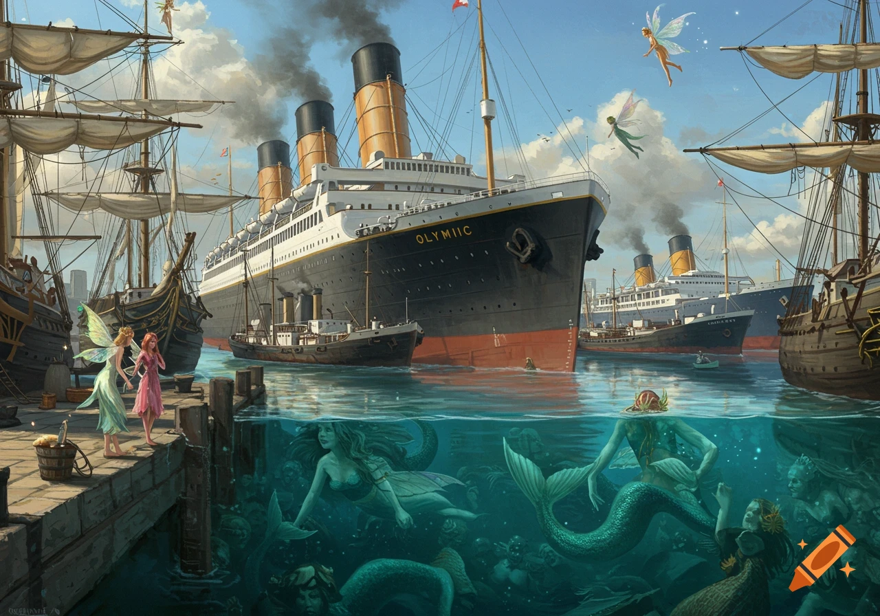 A fantasy port scene with large ships, fairies on a dock, and mermaids swimming in the clear water.