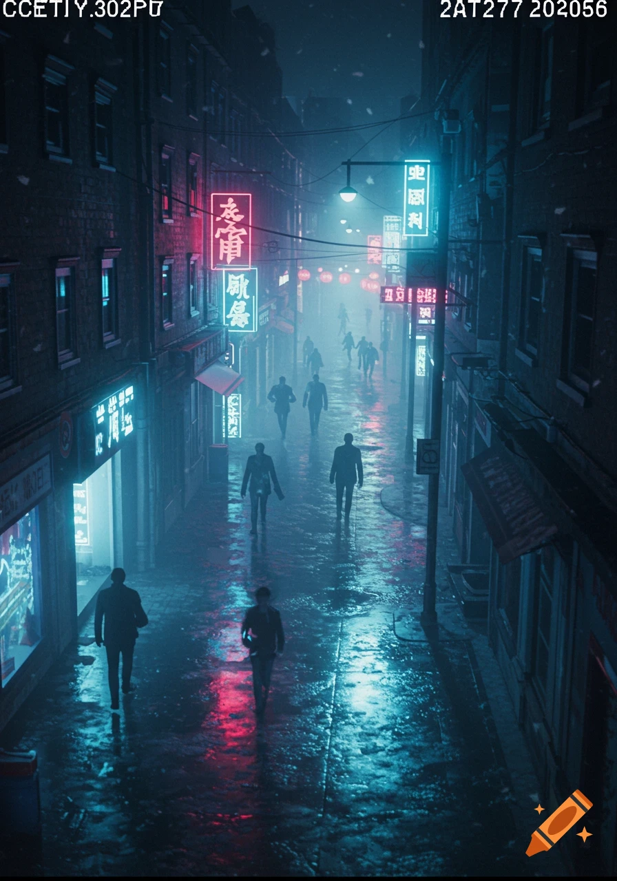 A dark, rainy city street at night with neon signs in red and blue light reflecting on the wet ground. Silhouetted figures walk away from the viewer.