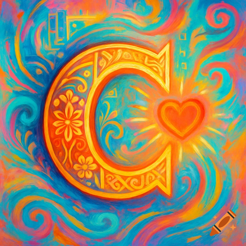 Vibrant painterly abstract art featuring a golden, ornate letter 'C' with a glowing heart.