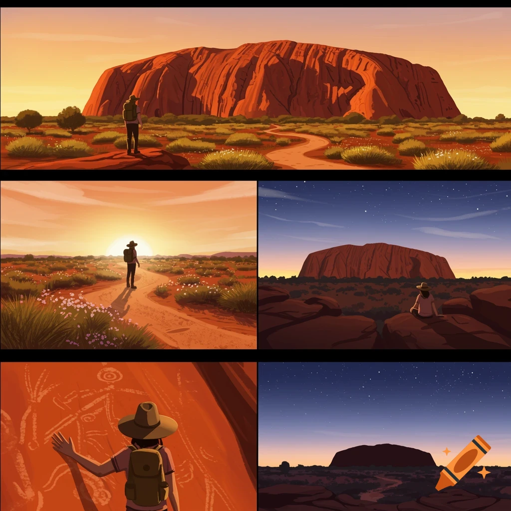 A comic strip showing a traveler exploring Uluru in Australia, depicted at sunset, sunrise, and night, including aboriginal art.