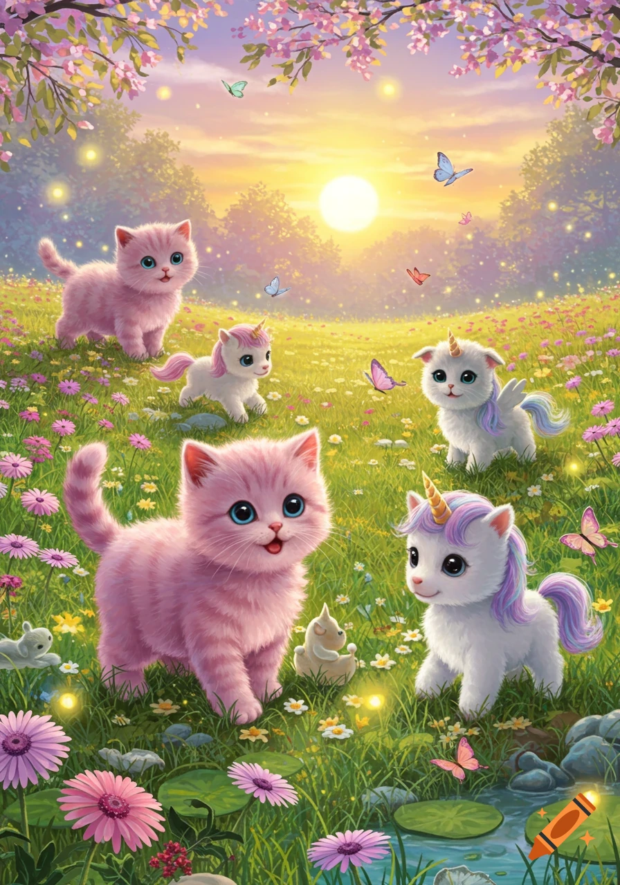 Cute pink kittens and white unicorn puppies in a vibrant, sunny meadow filled with colorful flowers and butterflies.