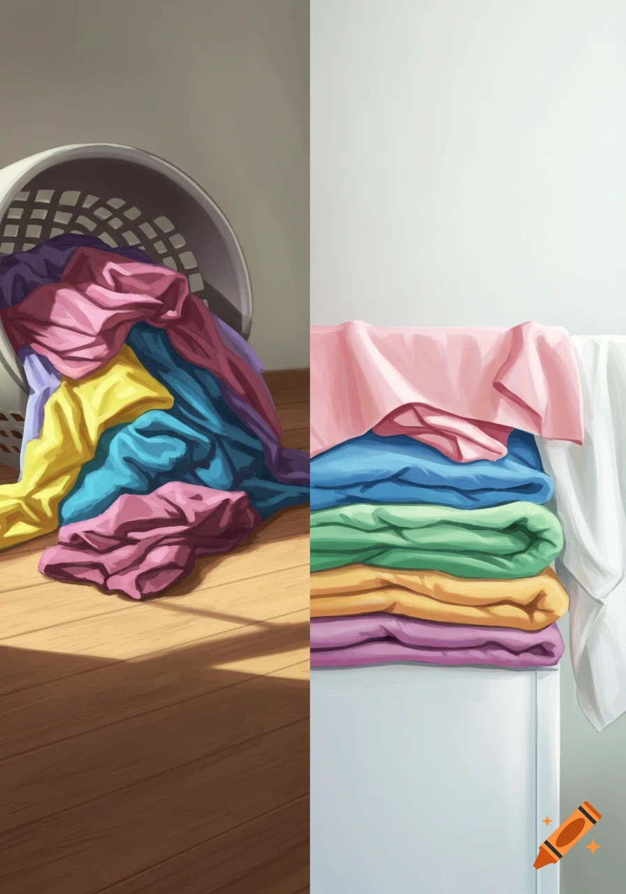 An illustrative split image showing messy laundry on the floor and neatly folded laundry stacked, depicting before and after.