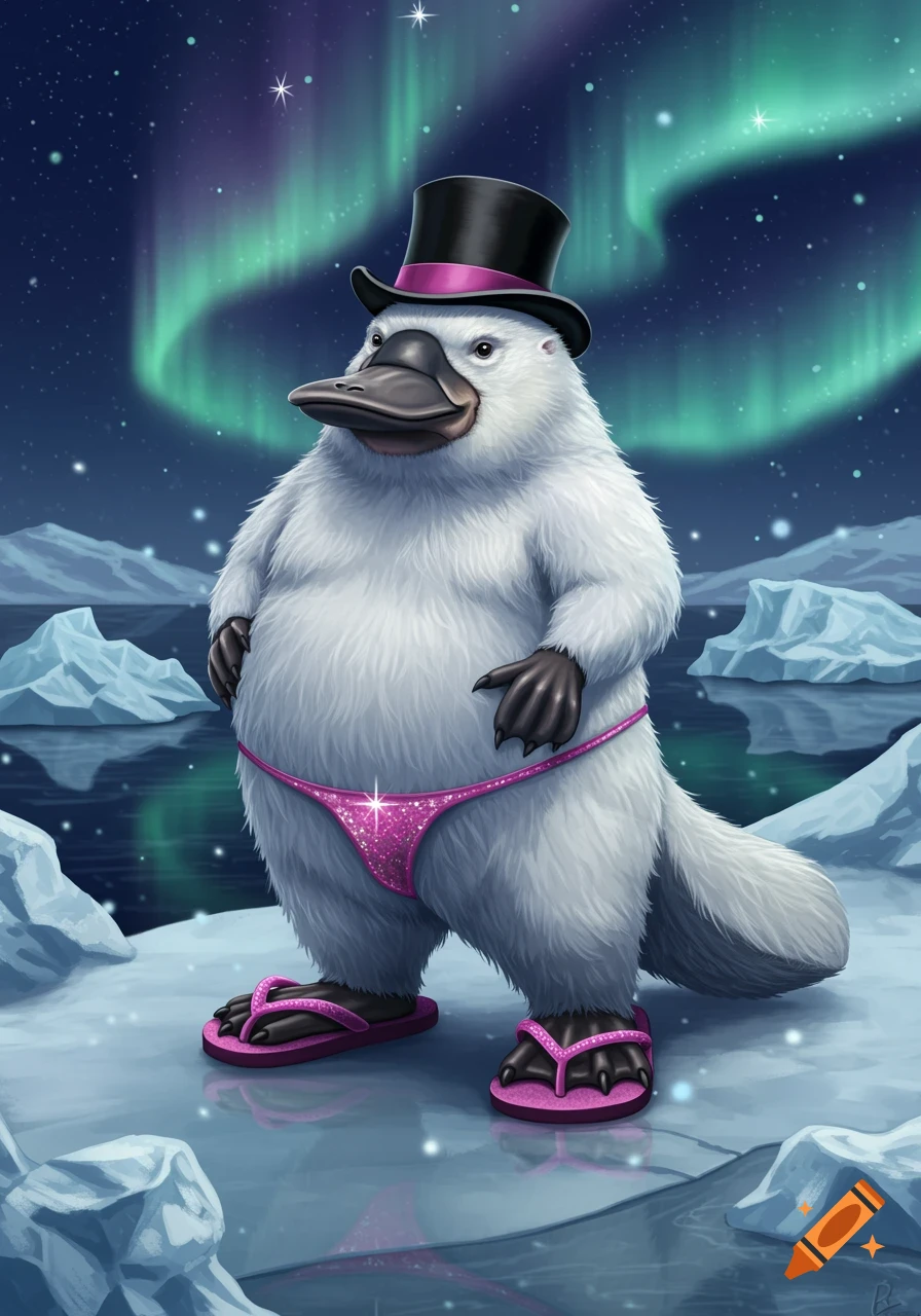 A fluffy white platypus-polar bear hybrid in a top hat, pink thong, and flip-flops stands on ice under aurora borealis.