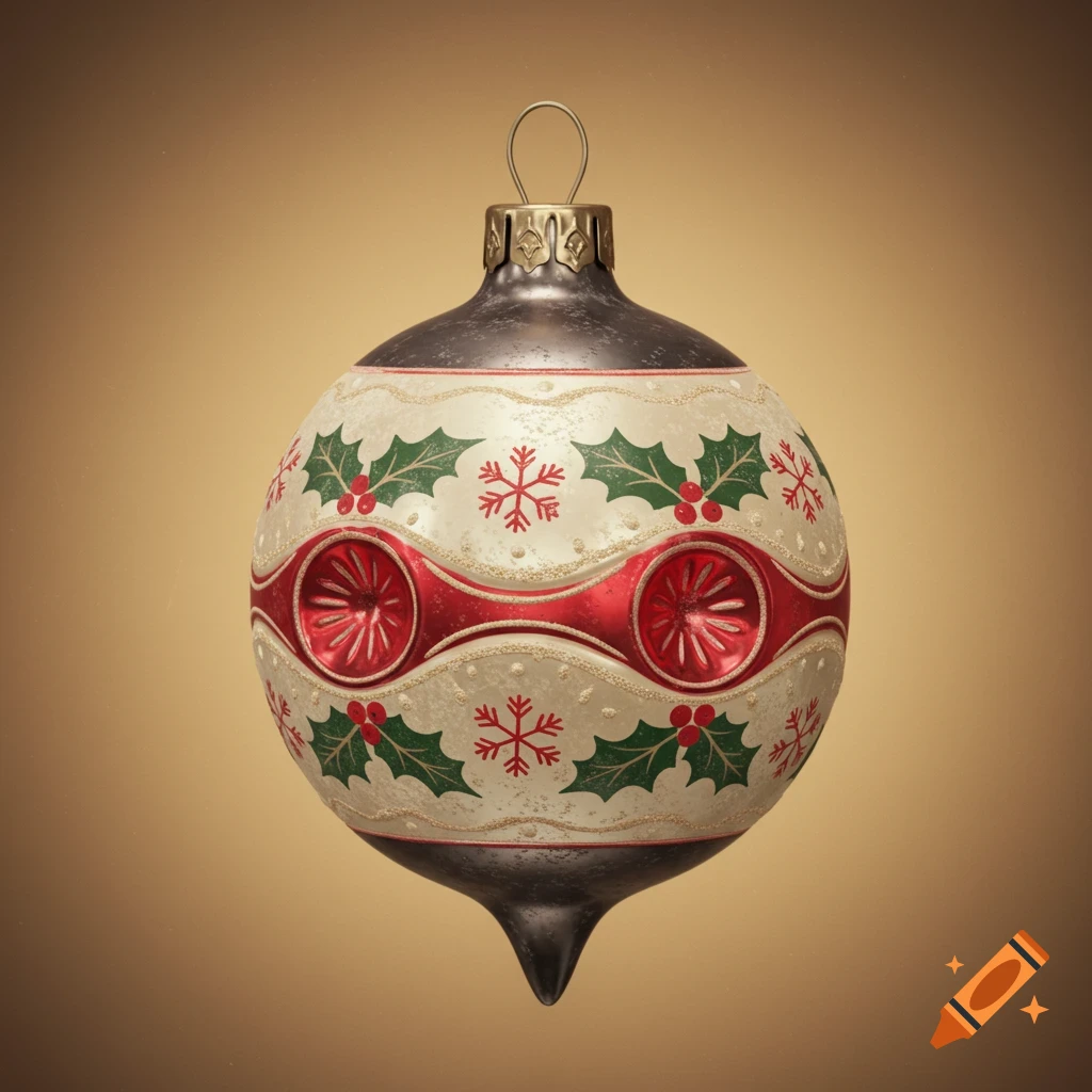 A vintage Christmas ornament decorated with holly, berries, and snowflakes against a golden-brown background.